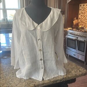 Match Point Sz L 100% Linen White Peter Pan Collar Blouse GUC